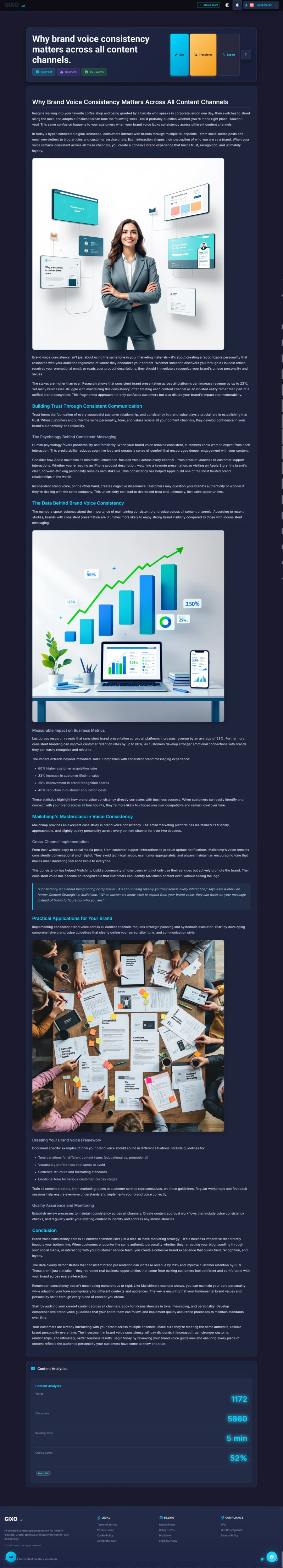 A finished Gixo article page with structured headings, images, sections, and content analysis