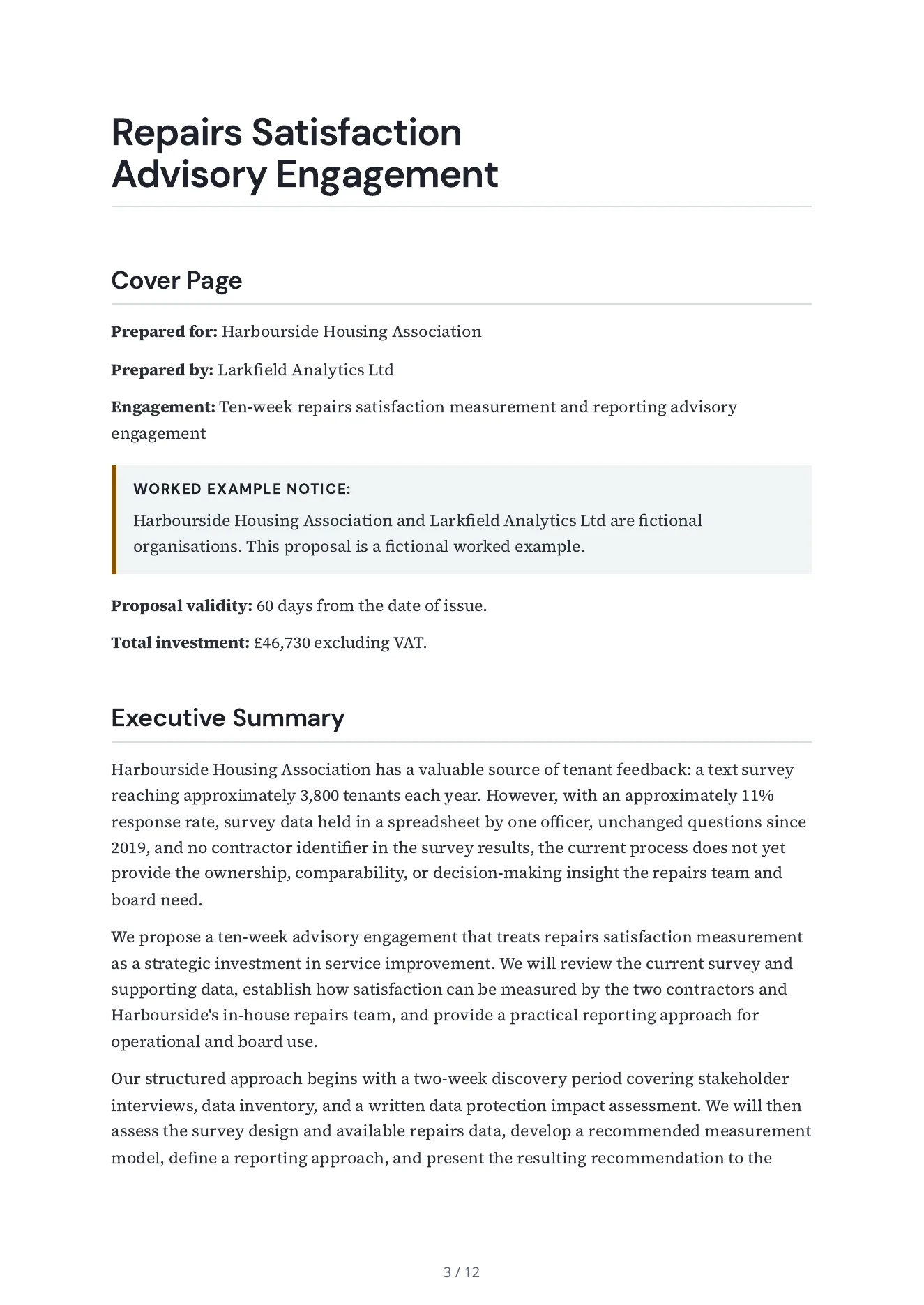 The first page of the consulting proposal Arc wrote: the cover details, the notice that the buyer and bidder are fictional, and the start of the executive summary.