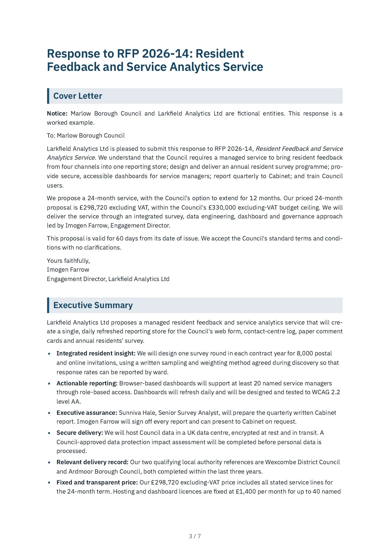 The first page of the RFP response Arc wrote: the cover details, the notice that the buyer and bidder are fictional, and the start of the executive summary.
