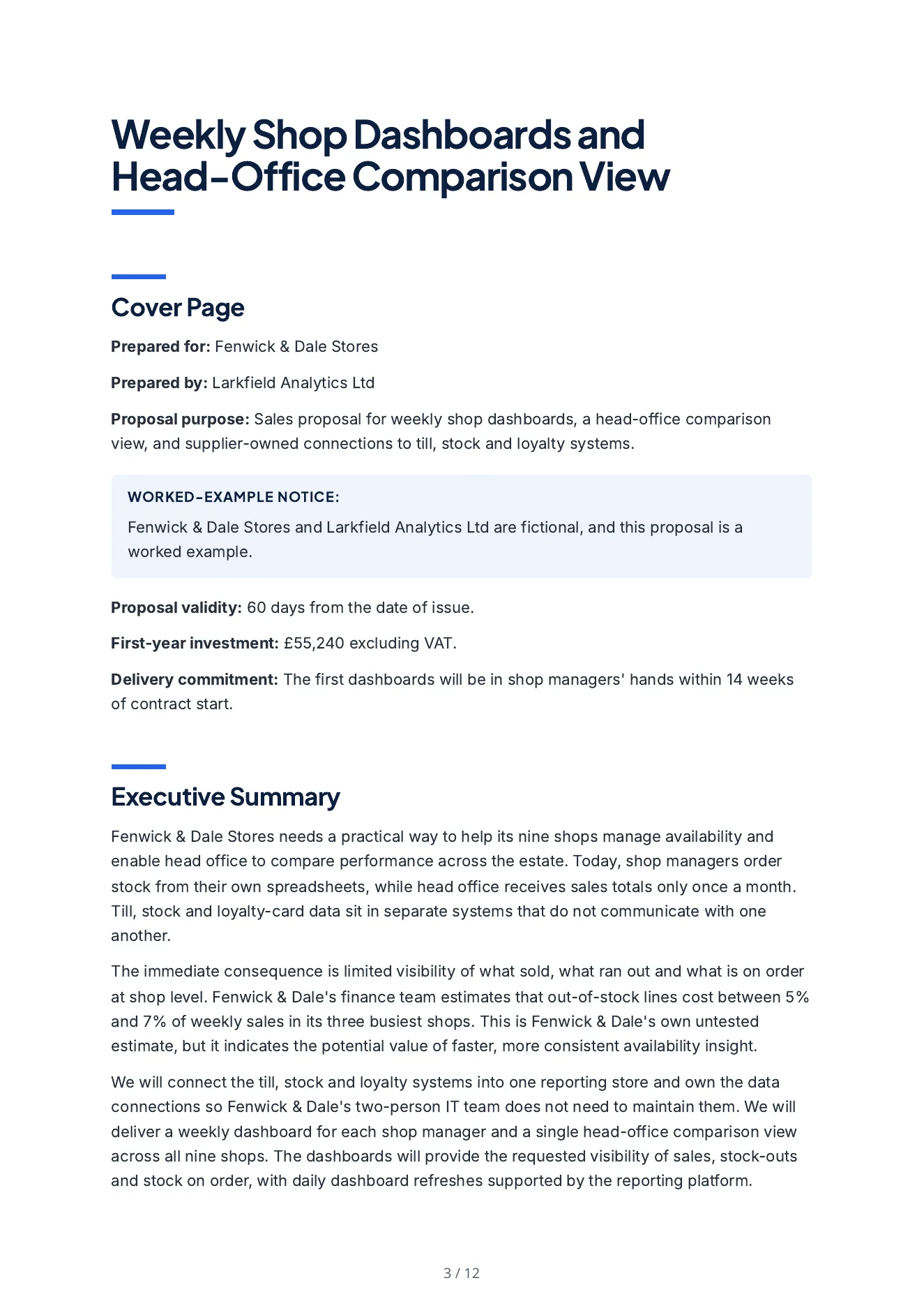 The first page of the sales proposal Arc wrote: the cover details, the notice that the buyer and bidder are fictional, and the start of the executive summary.