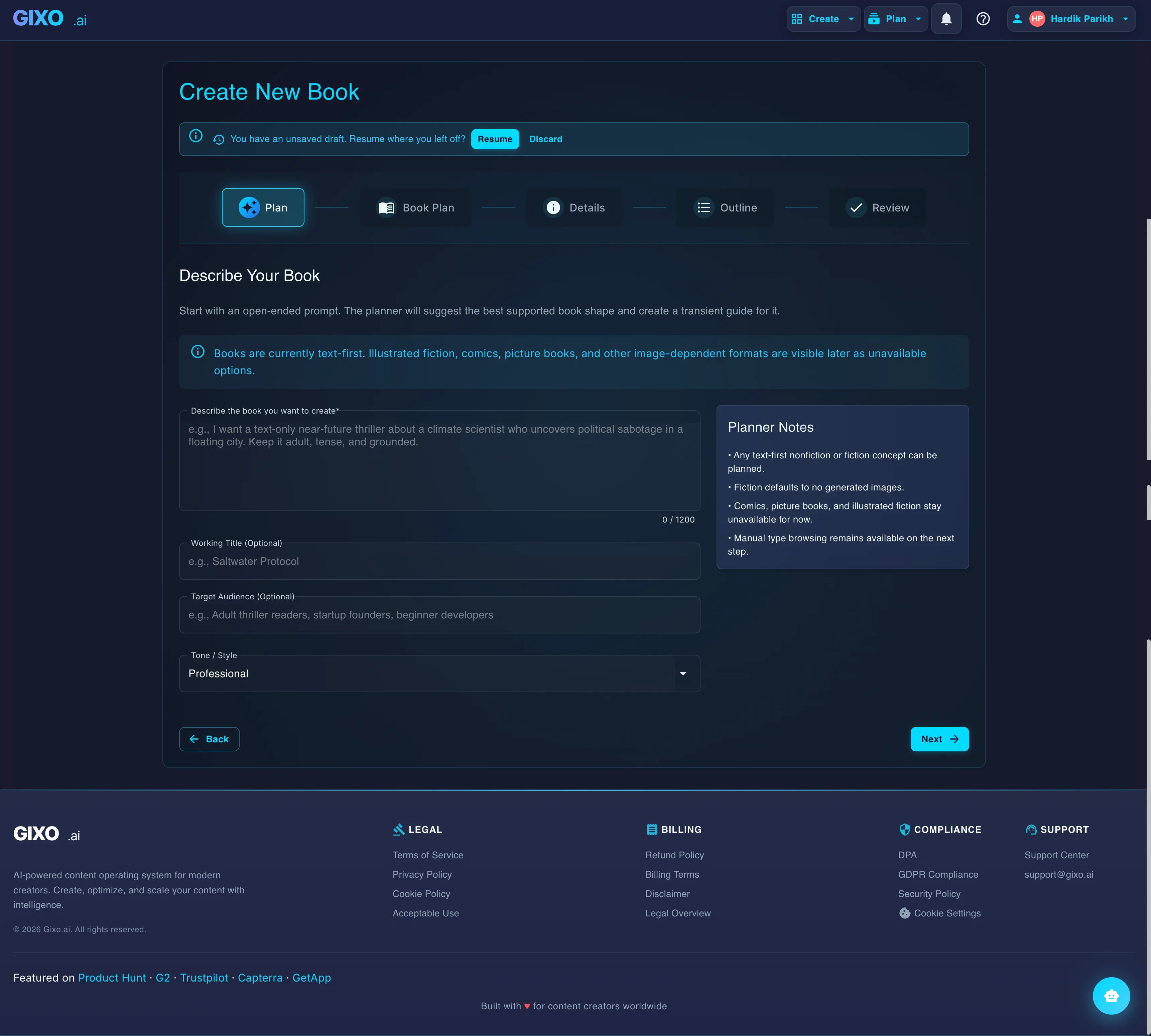 Gixo Books — create a new book project with brief, outline, chapters, and export