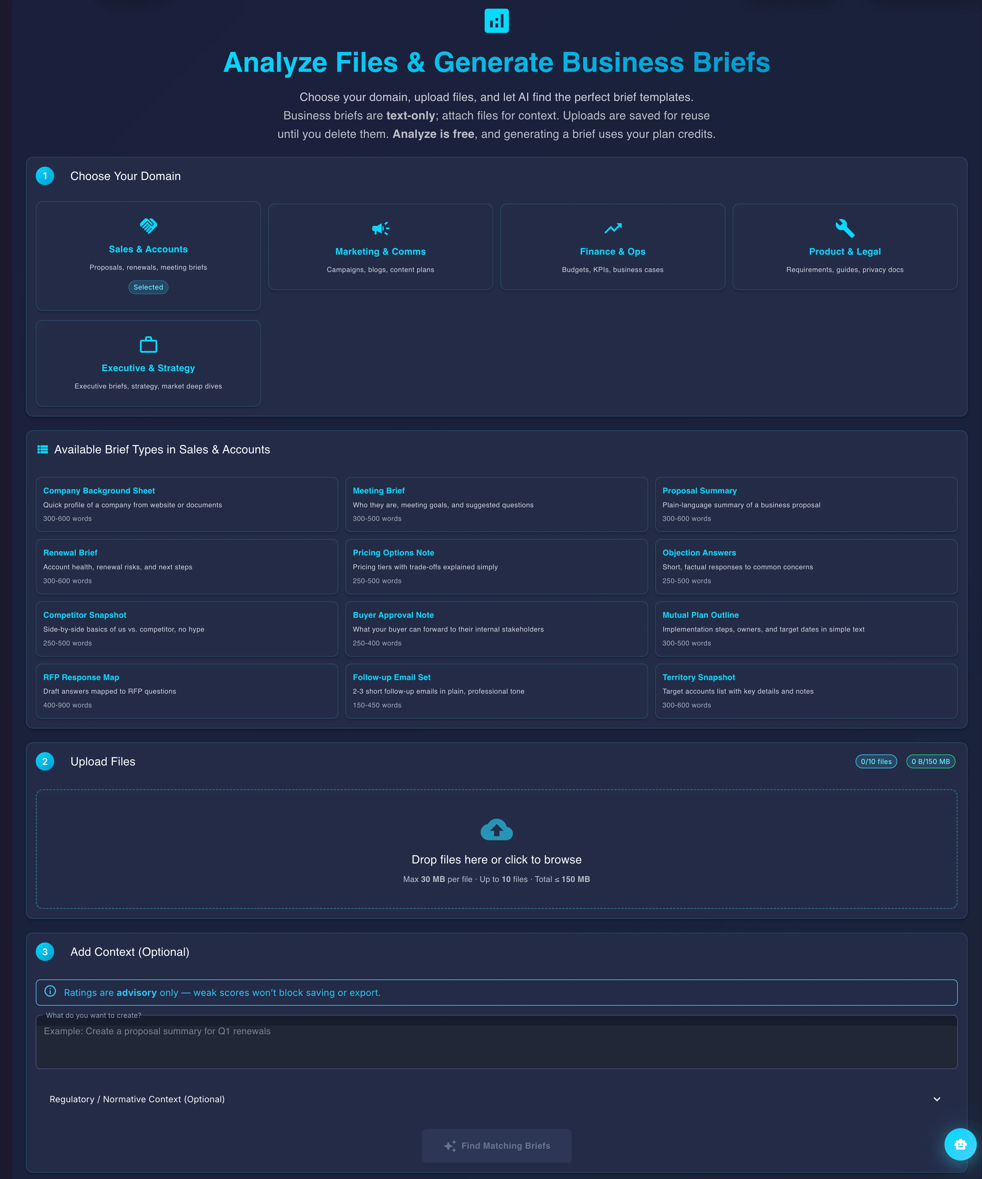 Gixo Business Briefs interface showing document analysis and structured output
