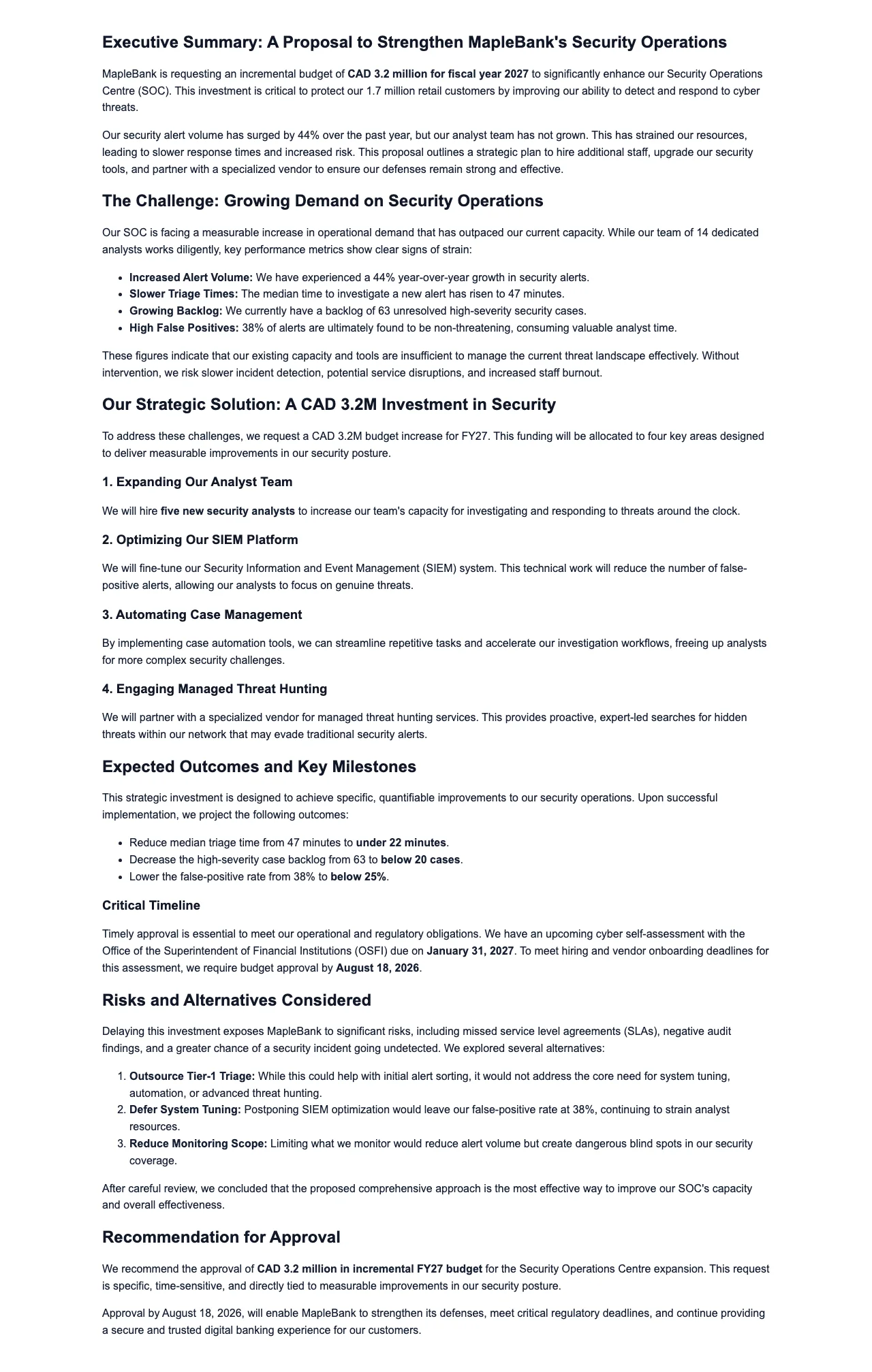 Gixo Business workspace showing a real Business Brief — a budget request note for a security operations investment