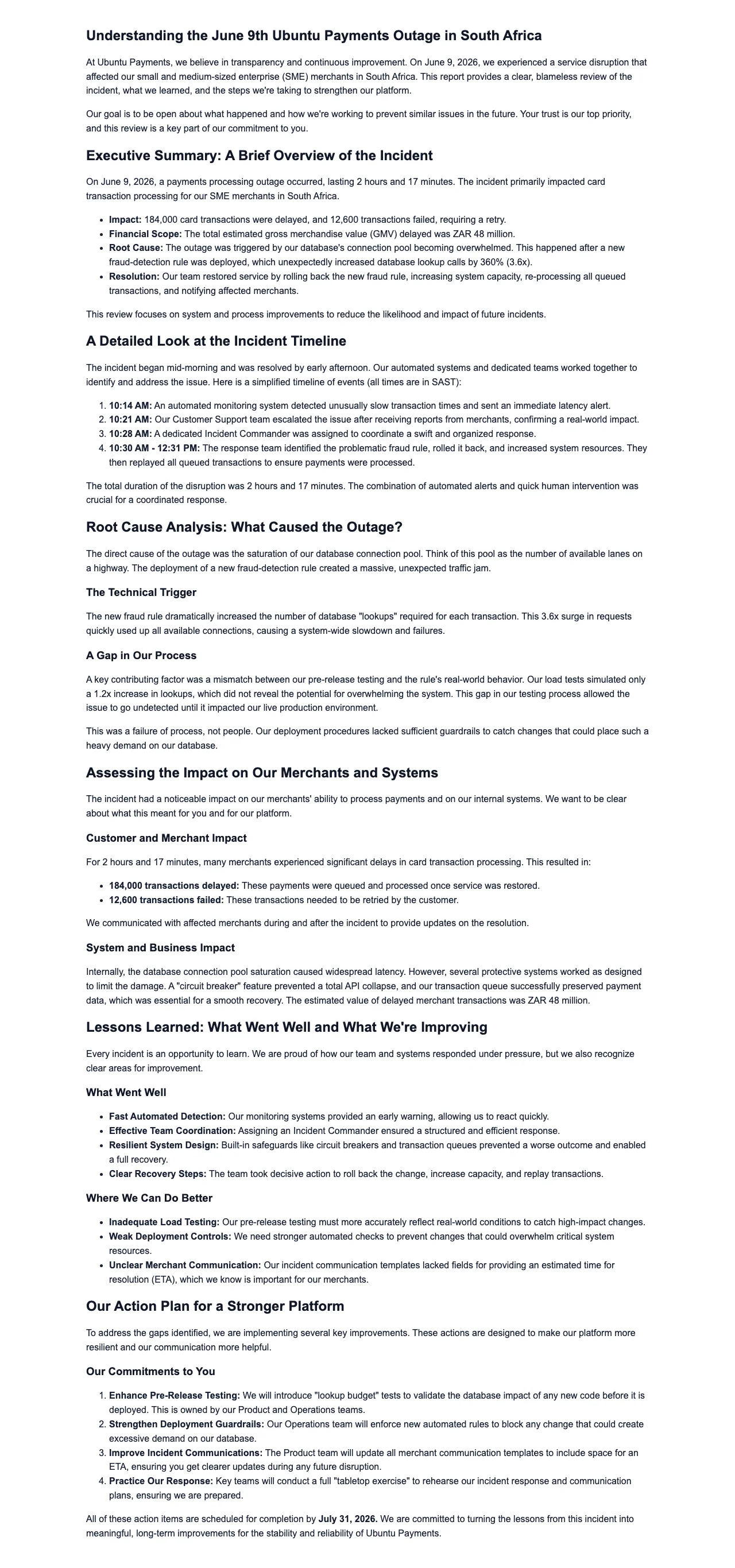 Gixo Business workspace showing a real Business Brief — an incident review summary following a payment-processing outage