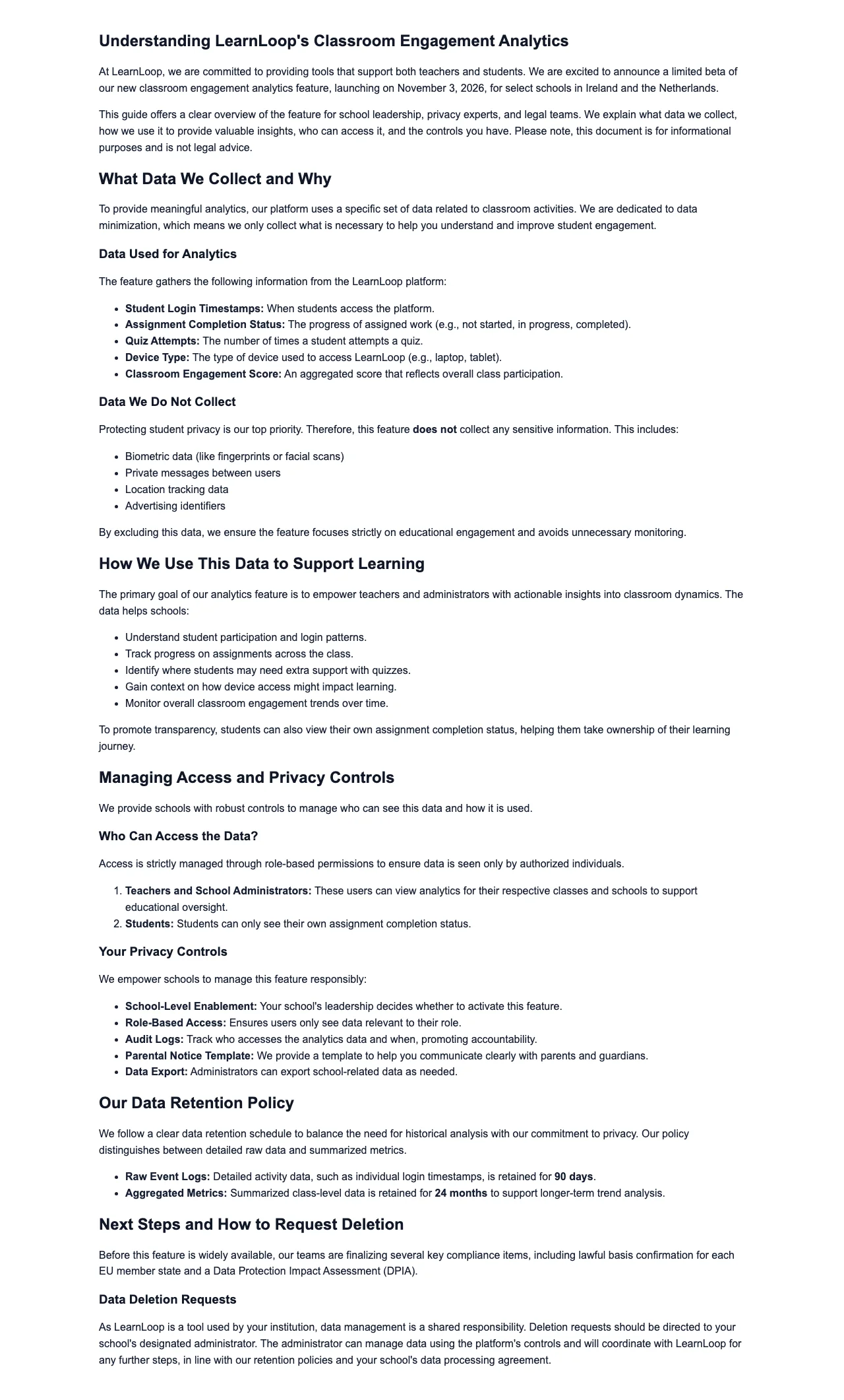 Gixo Business workspace showing a real Business Brief — a privacy and data-handling note for an edtech platform