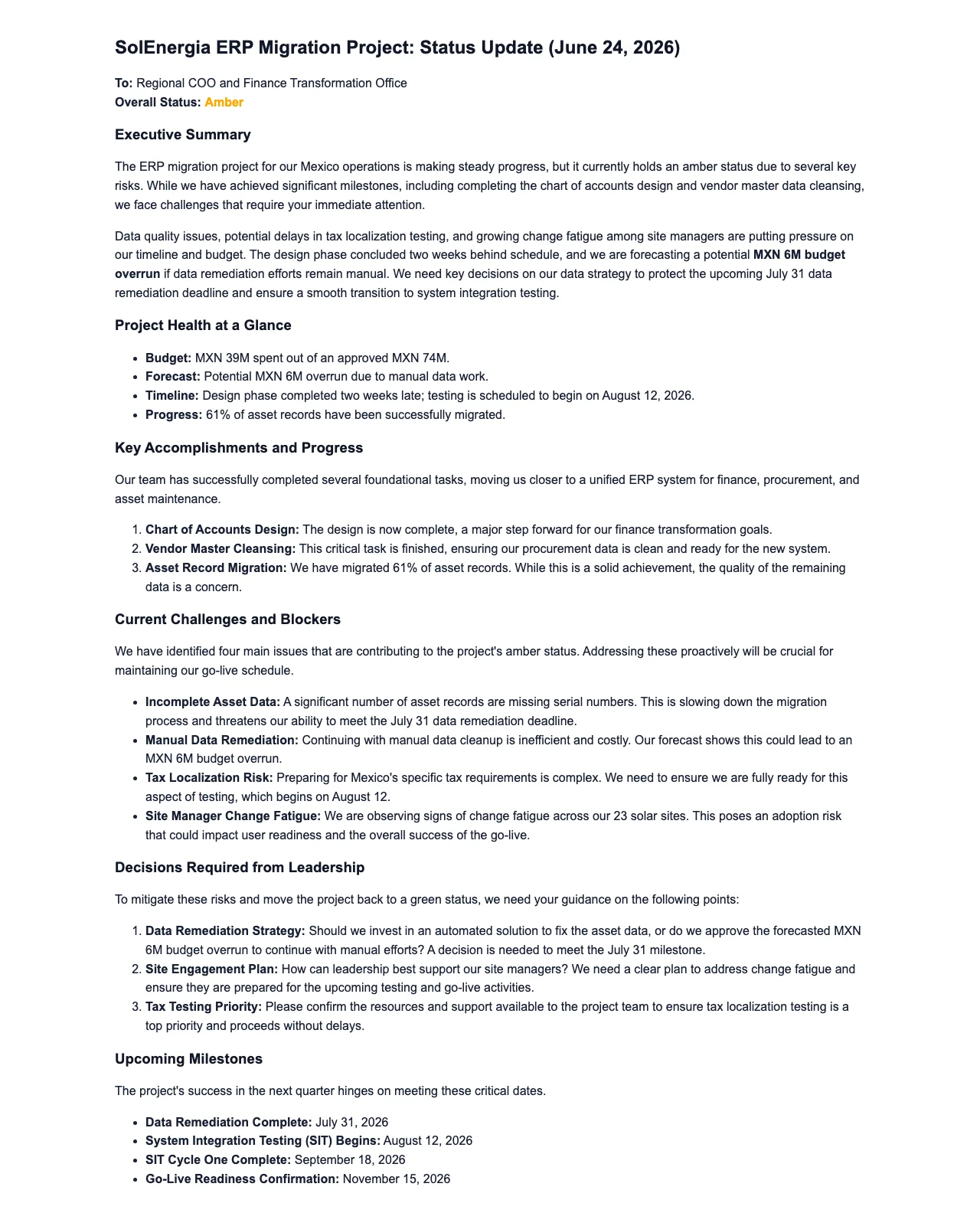 Gixo Business workspace showing a real Business Brief — a project status update on an ERP migration