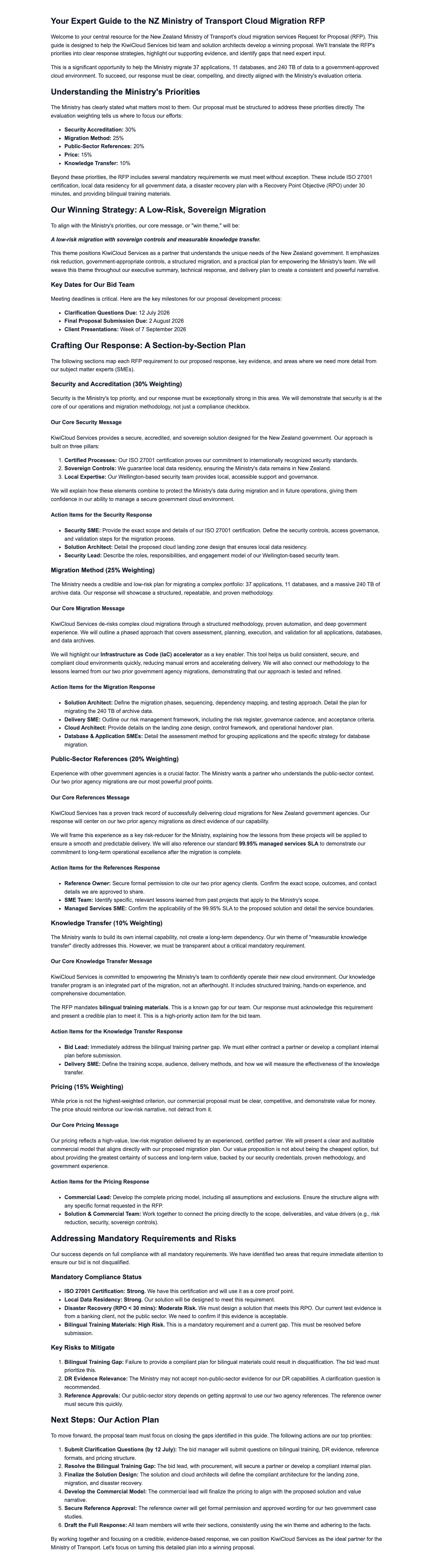 Gixo Business workspace showing a real Business Brief — an RFP response map for a government cloud opportunity
