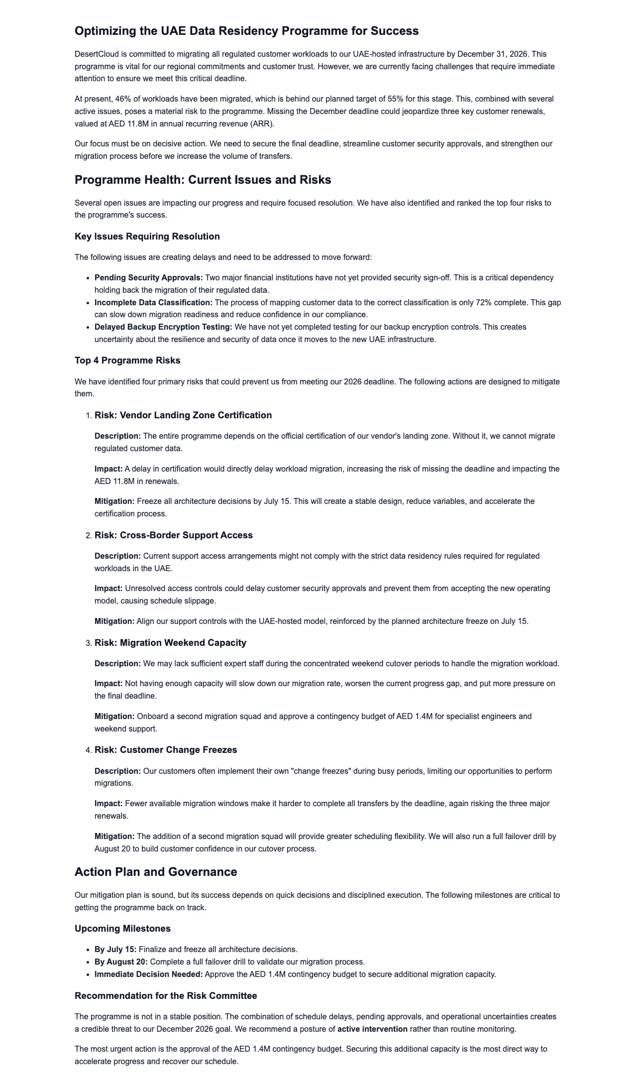 Gixo Business workspace showing a real Business Brief — a risk and issues summary on data residency exposure
