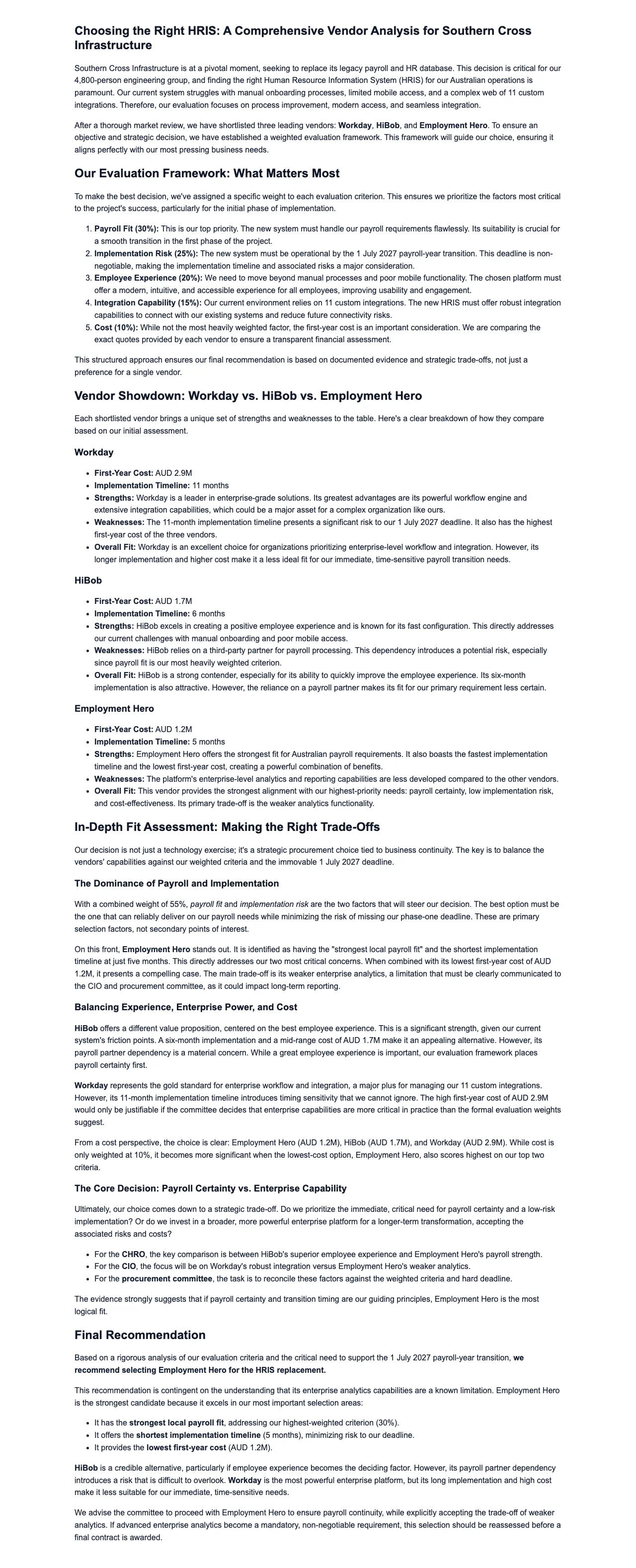 Gixo Business workspace showing a real Business Brief — a weighted vendor comparison evaluating HRIS platforms