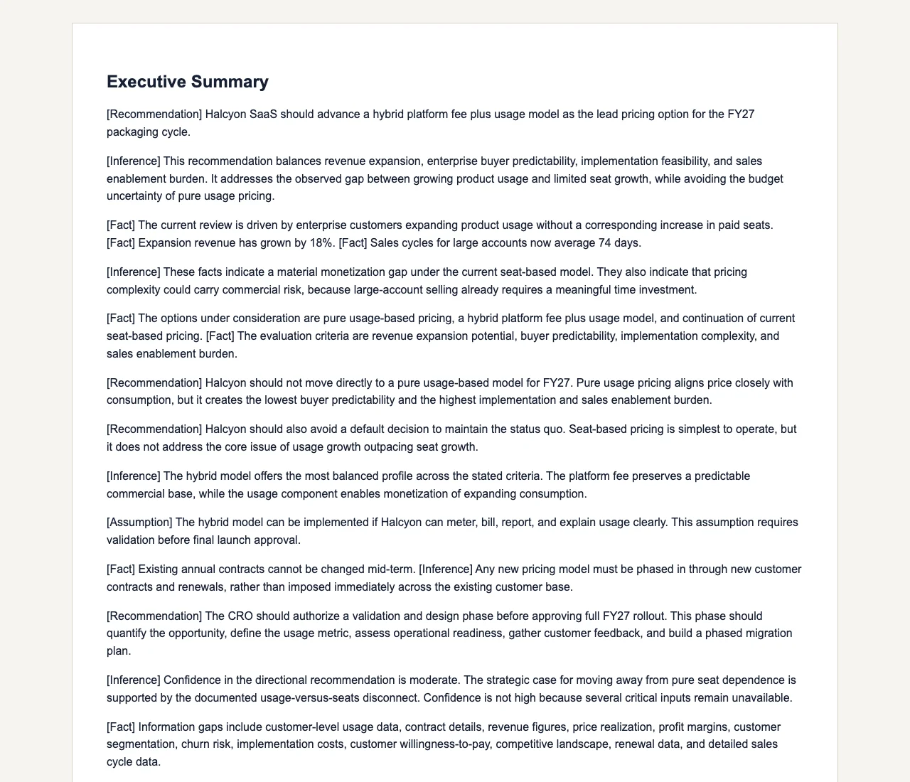 Gixo Business workspace showing a real Consultant report on a SaaS pricing model decision, with labeled Fact / Inference / Recommendation reasoning