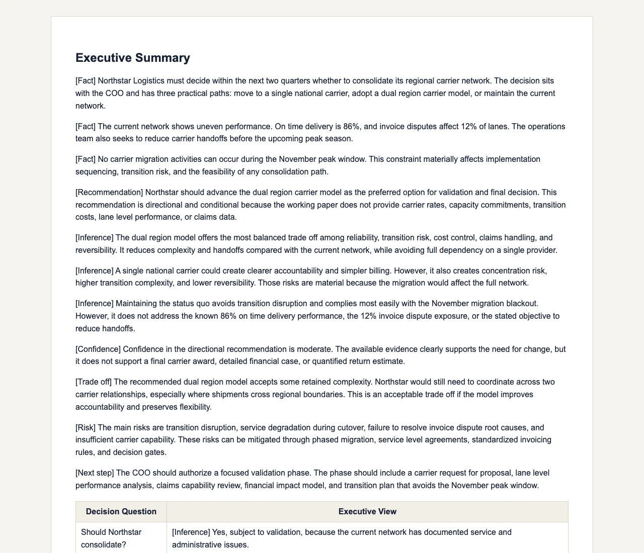 Gixo Business workspace showing a real Consultant report on regional carrier network consolidation, with labeled Fact / Inference / Recommendation reasoning