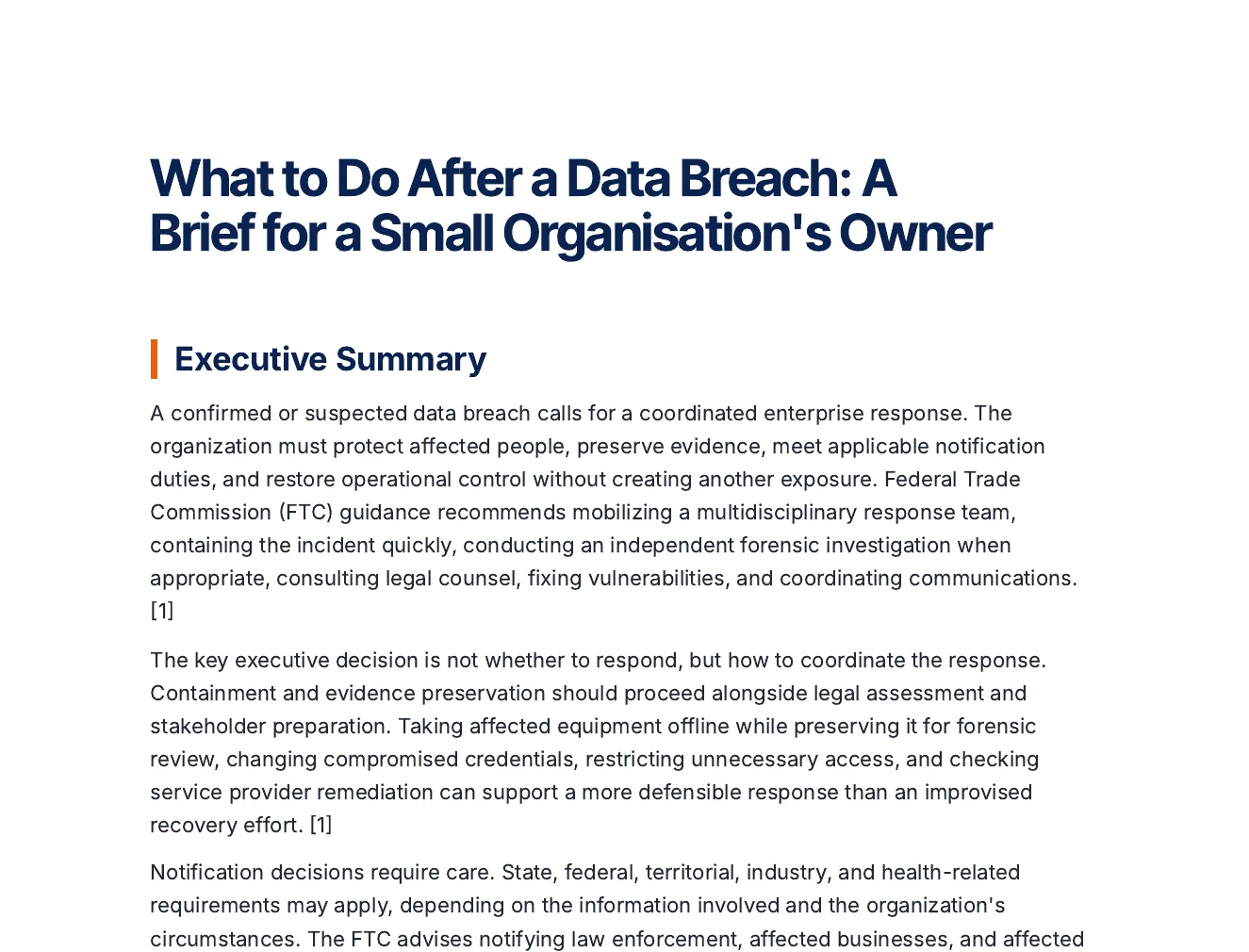 The first page of the breach-response brief: the executive summary and the start of the context section, cited to the FTC guide by number.
