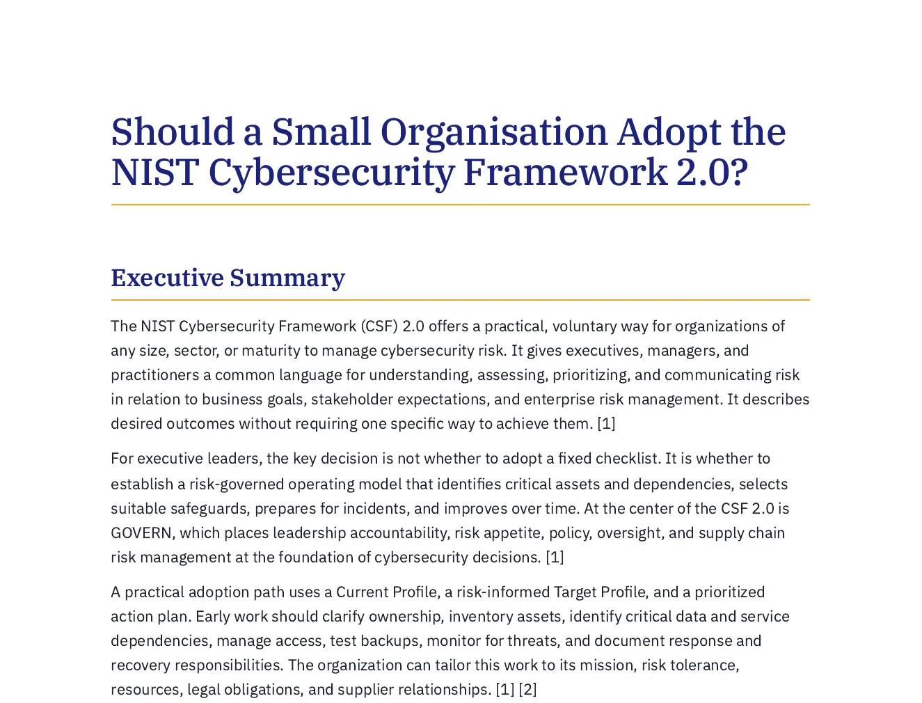 The first page of the executive brief: its title and an executive summary that cites its two NIST sources by number.