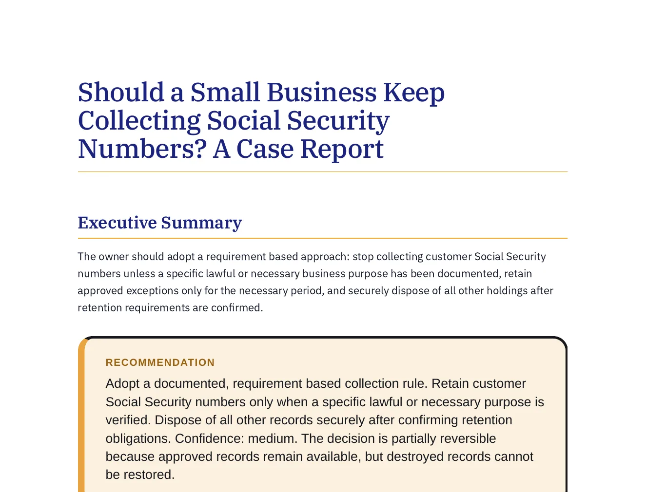 The first page of the case report: the title, a highlighted recommendation and the start of the executive summary.