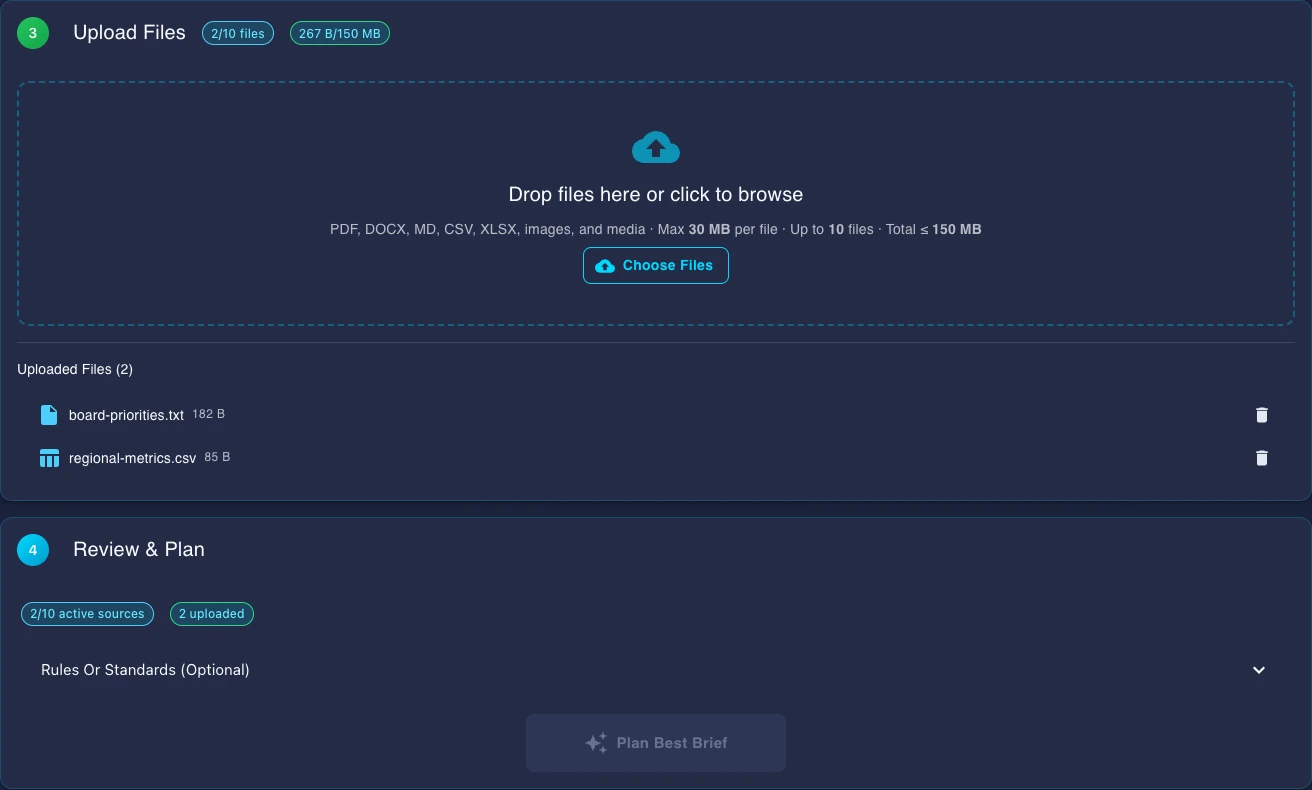 Gixo Business — upload a source pack, choose a brief, deck, recommendation, decision, or framework workflow, and review the result