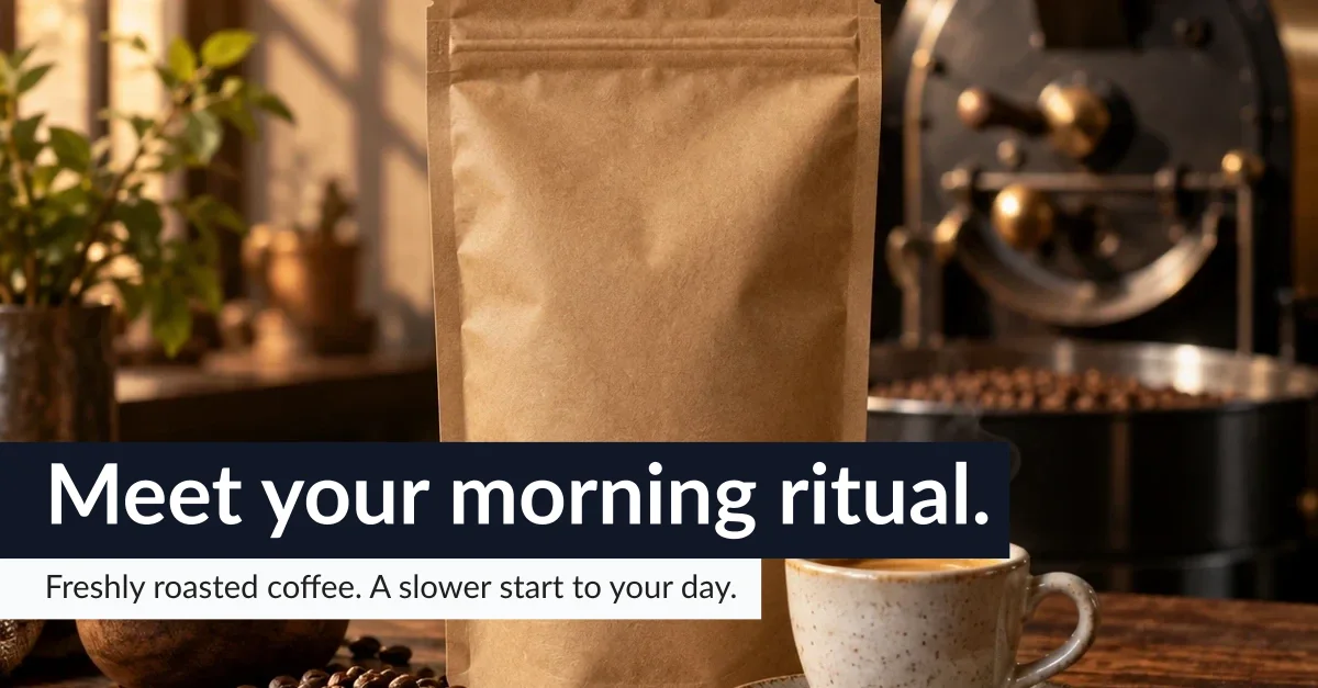 A steaming cup sits beside scattered coffee beans and a plain paper bag on a wooden table, with a bowl, plant, and grinder in the background. Text on the image: "Meet your morning ritual.".