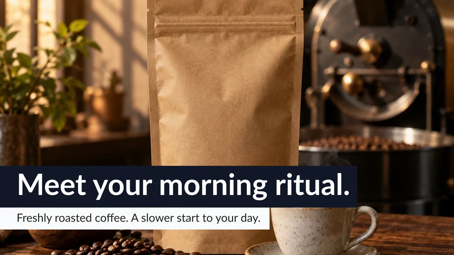 A steaming cup sits beside scattered coffee beans and a plain paper bag on a wooden table, with a bowl, plant, and grinder in the background. Text on the image: "Meet your morning ritual.".