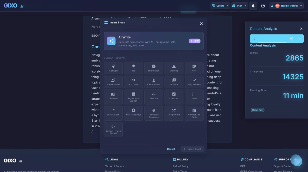 Gixo Insert Block modal showing AI Write and 21 content block types including highlights, tips, FAQs, checklists, comparison tables, and custom HTML