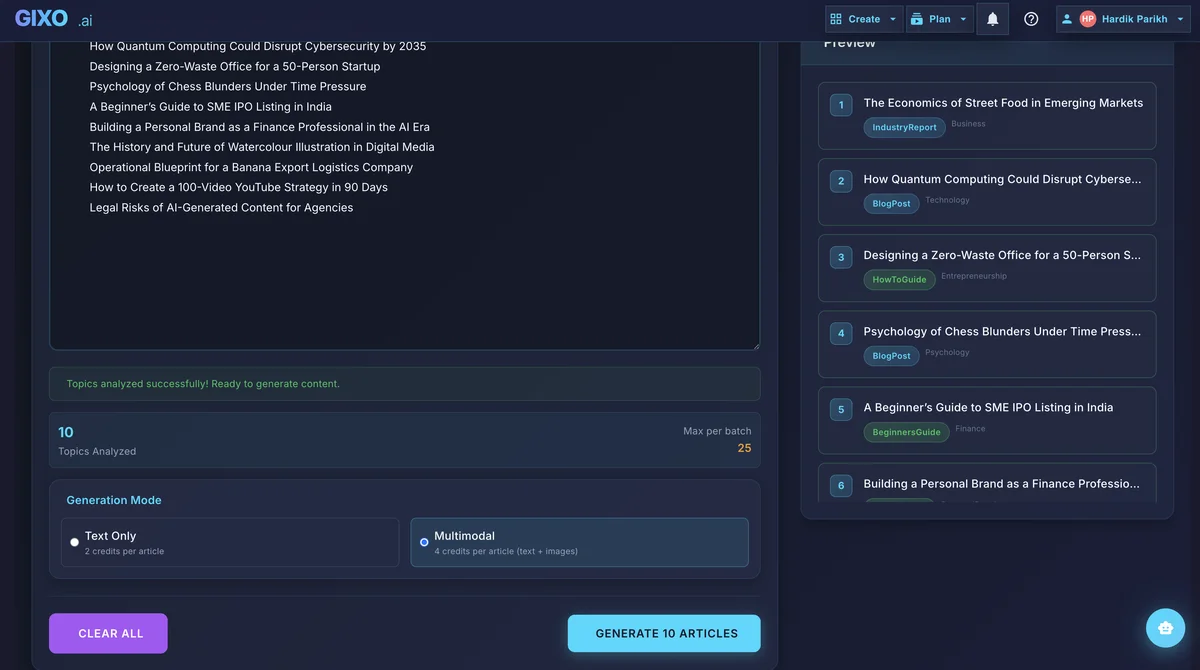 Gixo bulk content generation panel with 10 topics queued and GENERATE 10 ARTICLES button