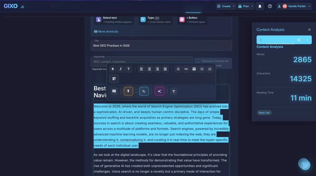 Gixo content editor with floating toolbar, formatting controls, and content analysis panel showing word count, reading time, and SEO score