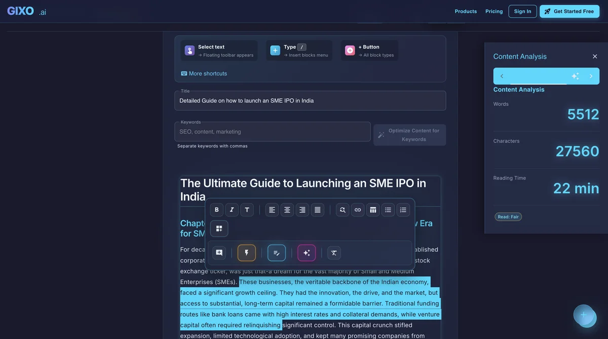 Gixo AI article writer with evidence citations and inline editing