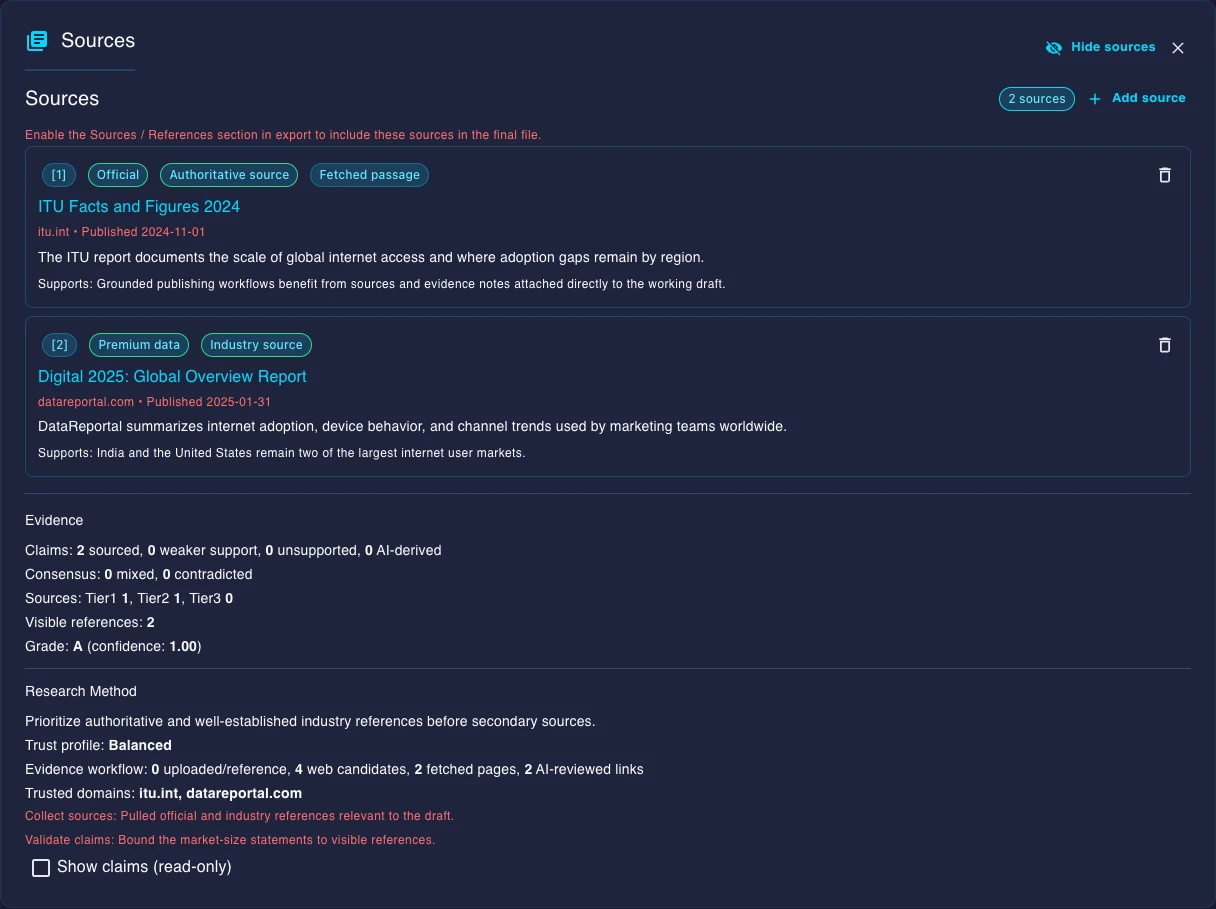 Gixo evidence panel showing grounded sources, citations, and reference-quality details attached to the document