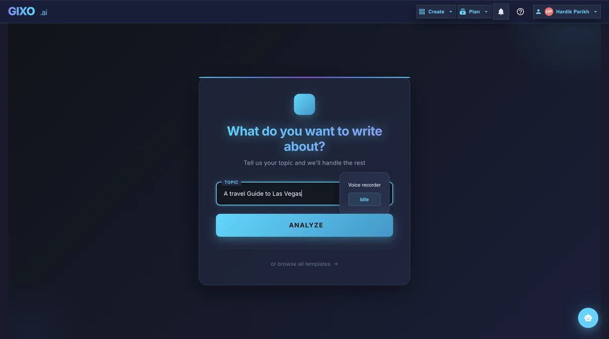 Gixo AI content idea generator showing topic analysis input with ANALYZE button