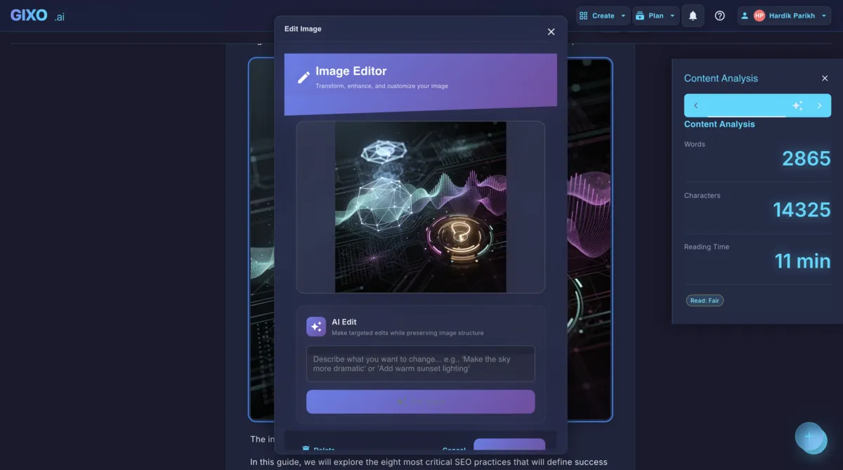 Gixo Image Editor with AI Edit showing a generated image and an instruction field for changing it with AI prompts