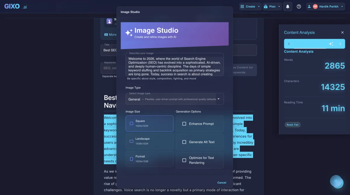 Gixo Image Studio dialog with AI image generation, size options for square landscape and portrait, and prompt enhancement controls