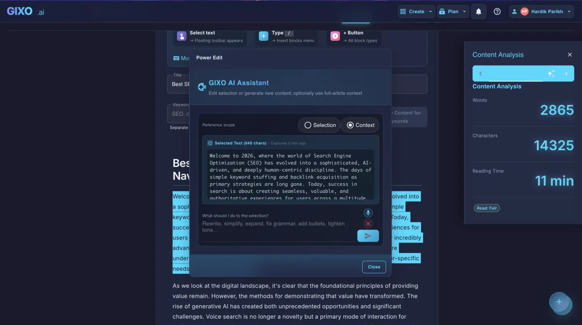 Gixo Power Edit AI assistant dialog with selection scope, captured text preview, and free-form instruction input with voice support