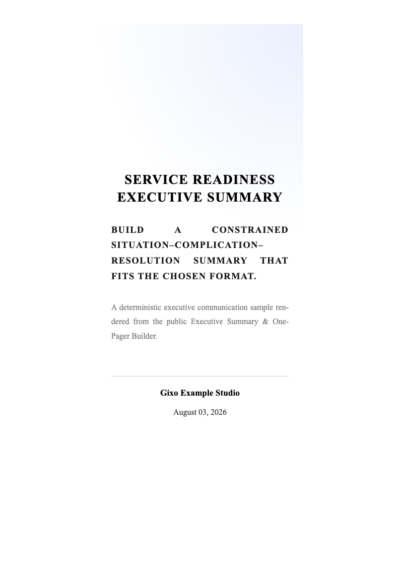 Illustrative preview of the Executive Summary & One-Pager Builder output