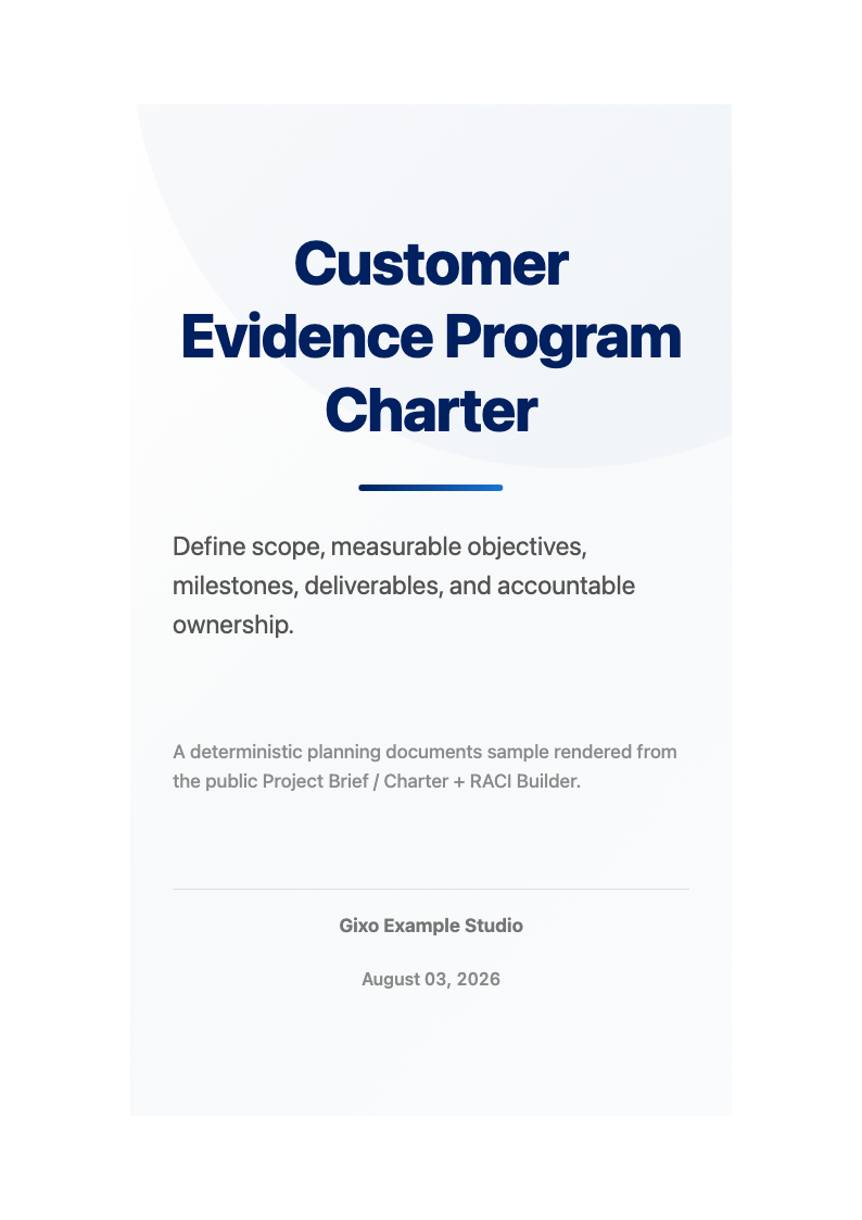 Illustrative preview of the Project Brief / Charter + RACI Builder output