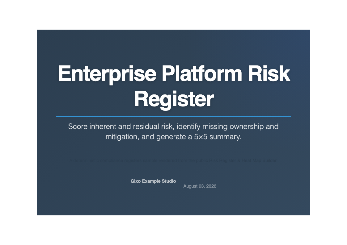Illustrative preview of the Risk Register & Heat Map Builder output