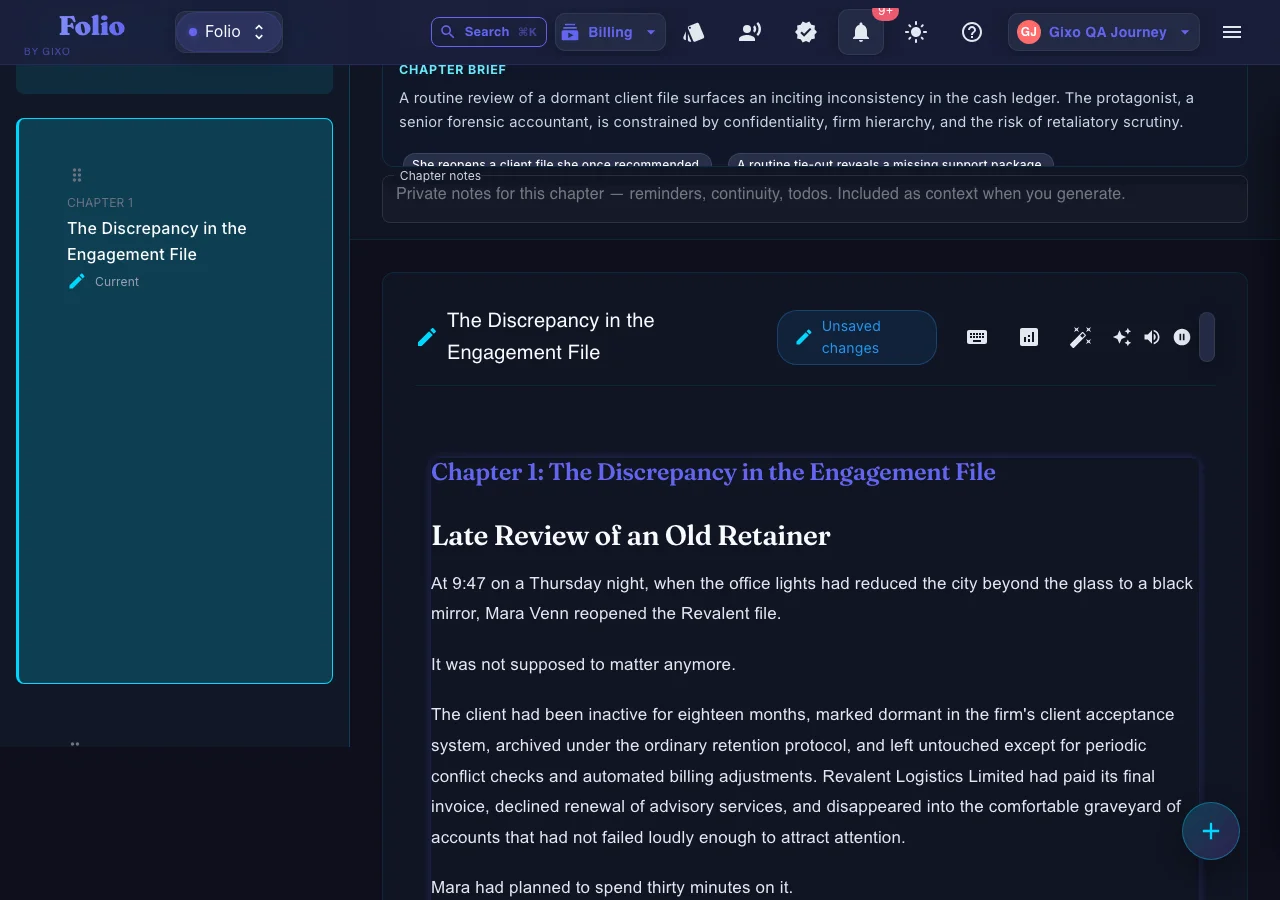Gixo Folio — a real fiction chapter drafted inside Gixo Folio's editor
