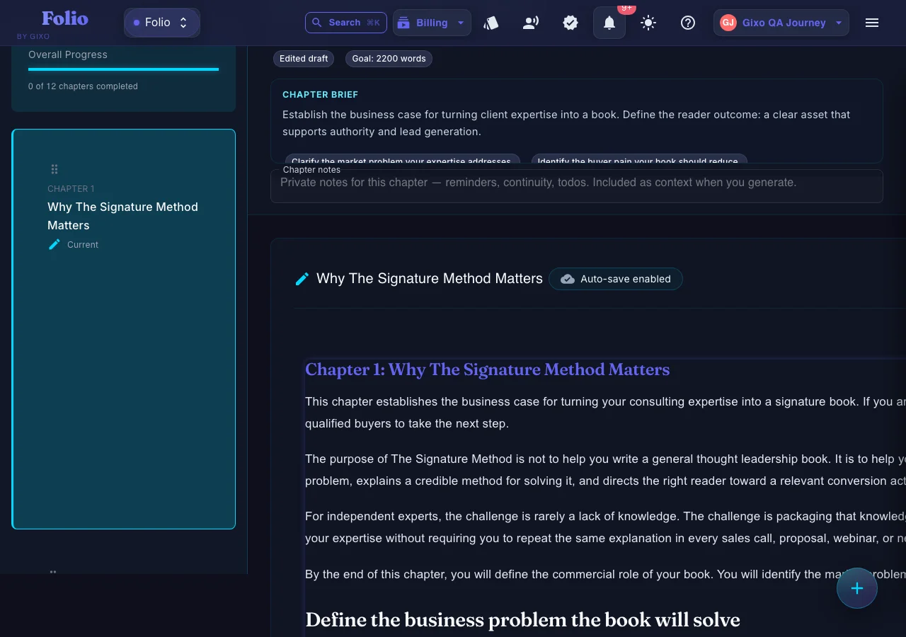 Gixo Folio — a real nonfiction chapter drafted inside Gixo Folio's editor