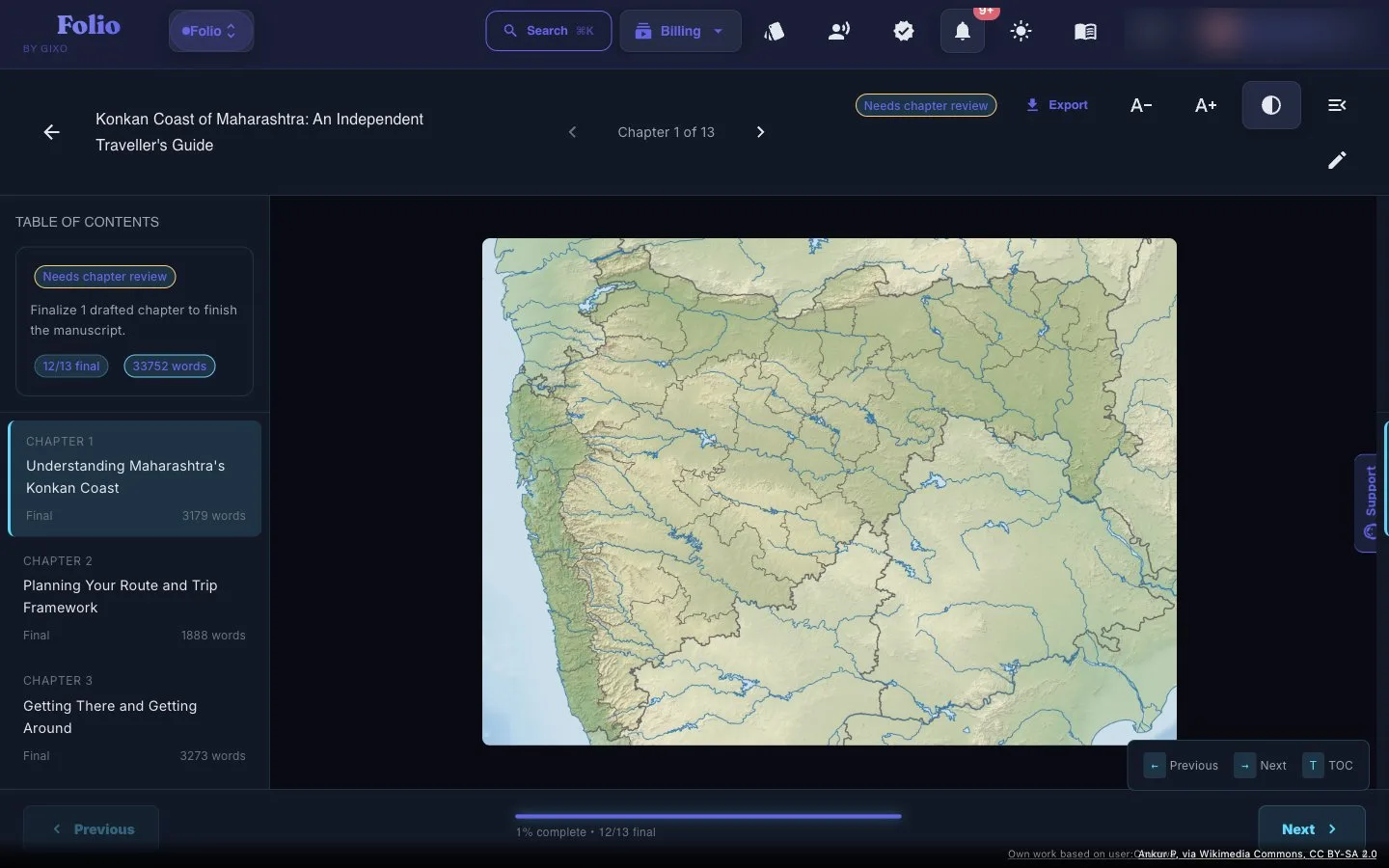 Folio reader for a 13-chapter Konkan Coast travel guide, with table of contents, 33,752 words, and a chapter map