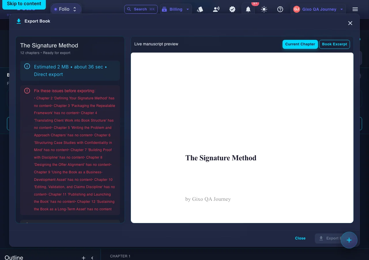 Gixo Folio — Gixo Folio's real export flow, showing a live manuscript preview and a chapter-completeness validation check