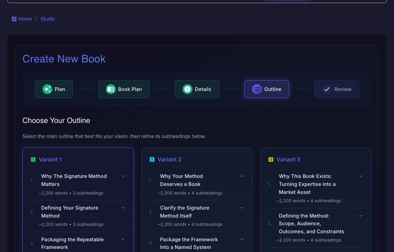 Gixo Folio — three real, AI-generated outline options for a nonfiction book, each with per-chapter word targets