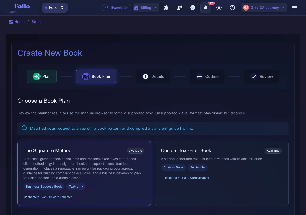Gixo Folio — a real Gixo Folio planning screen, showing the planner matching a fresh book idea to an existing pattern