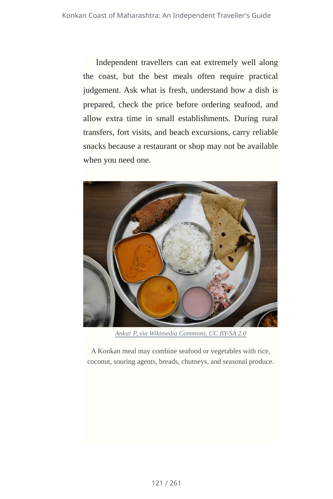 Print-PDF page 121 of 261 showing a Konkan thali photograph with a caption and chapter prose