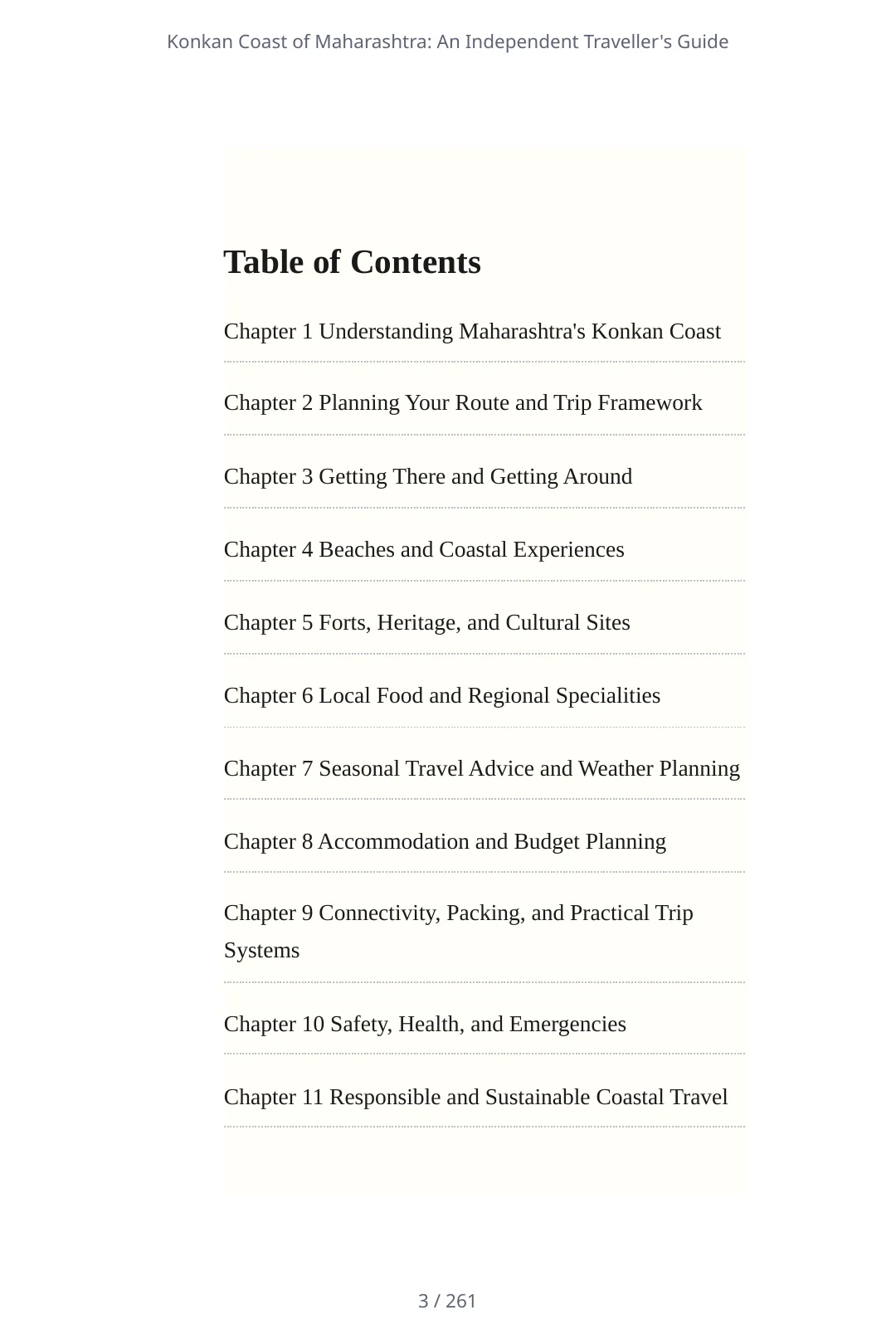 Print-PDF table of contents for a 13-chapter Konkan Coast travel guide, page 3 of 261