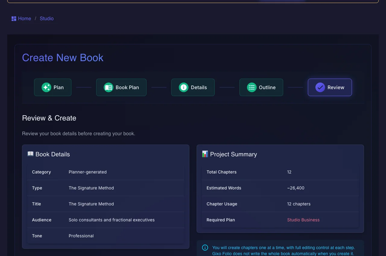 Gixo Folio — a manuscript review summary shown before final EPUB and PDF export
