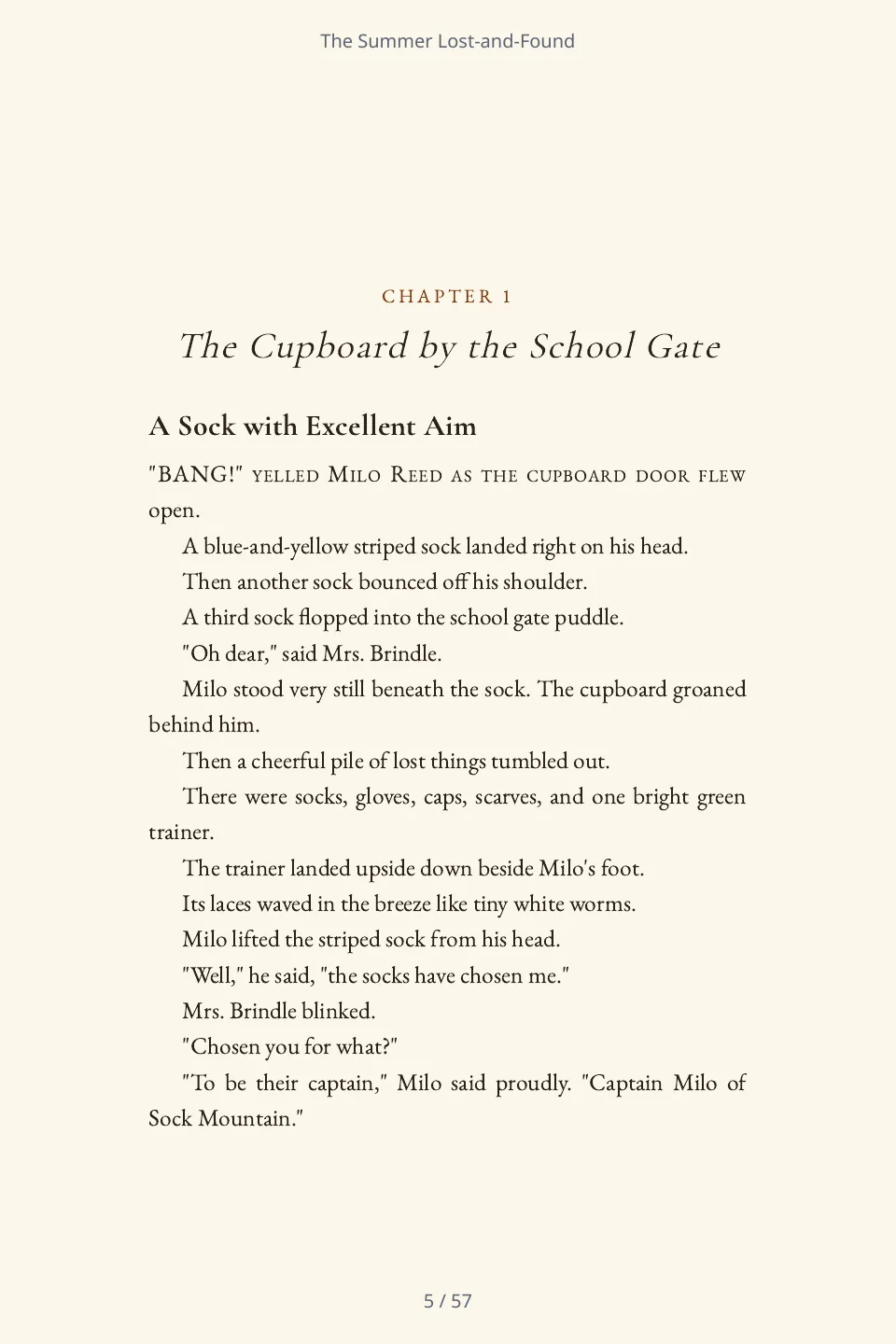 The first page of chapter one of The Summer Lost-and-Found: the chapter heading, a section heading and the opening dialogue.