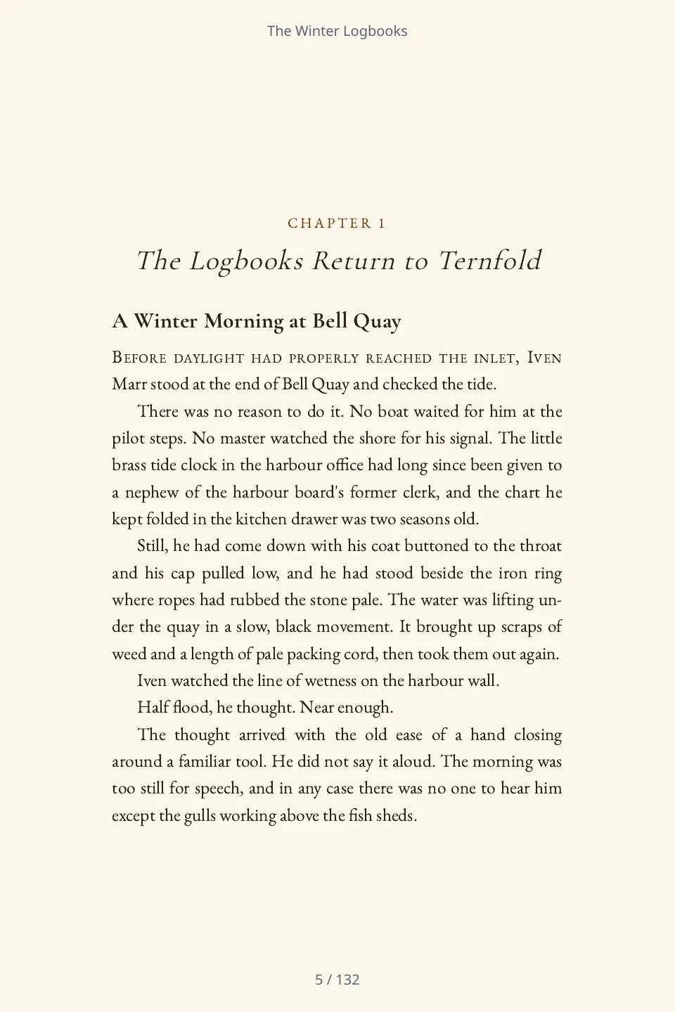 The first page of chapter one of The Winter Logbooks: the chapter heading, a section heading and the opening paragraph with a drop cap.