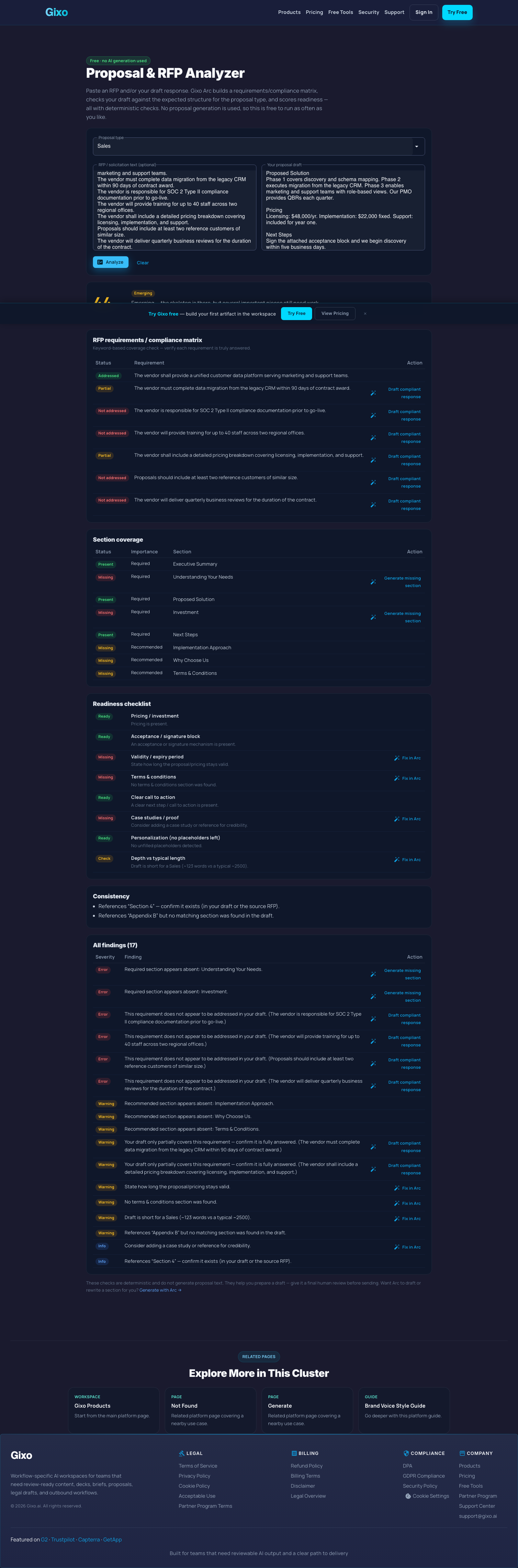 Gixo proposal analyzer report with readiness score, section coverage, and RFP compliance matrix produced without an account
