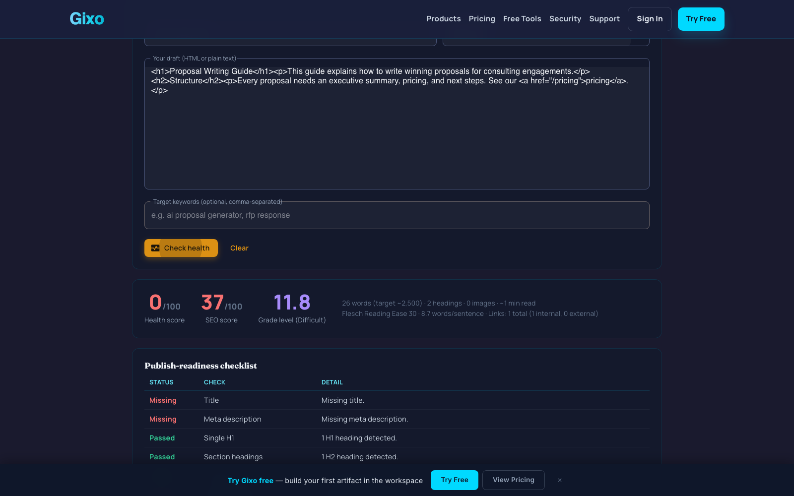 Content health results showing score, metrics, and readiness checks
