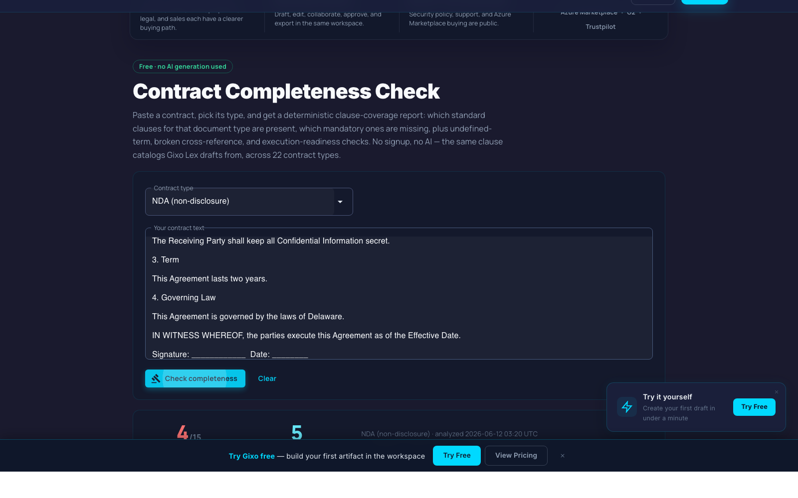 Contract checker results showing present and missing clauses for a submitted agreement