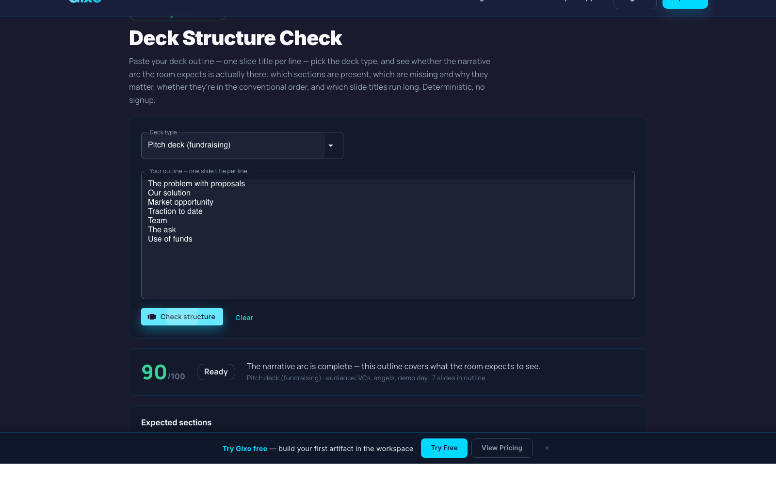Deck structure results with score and expected-section coverage