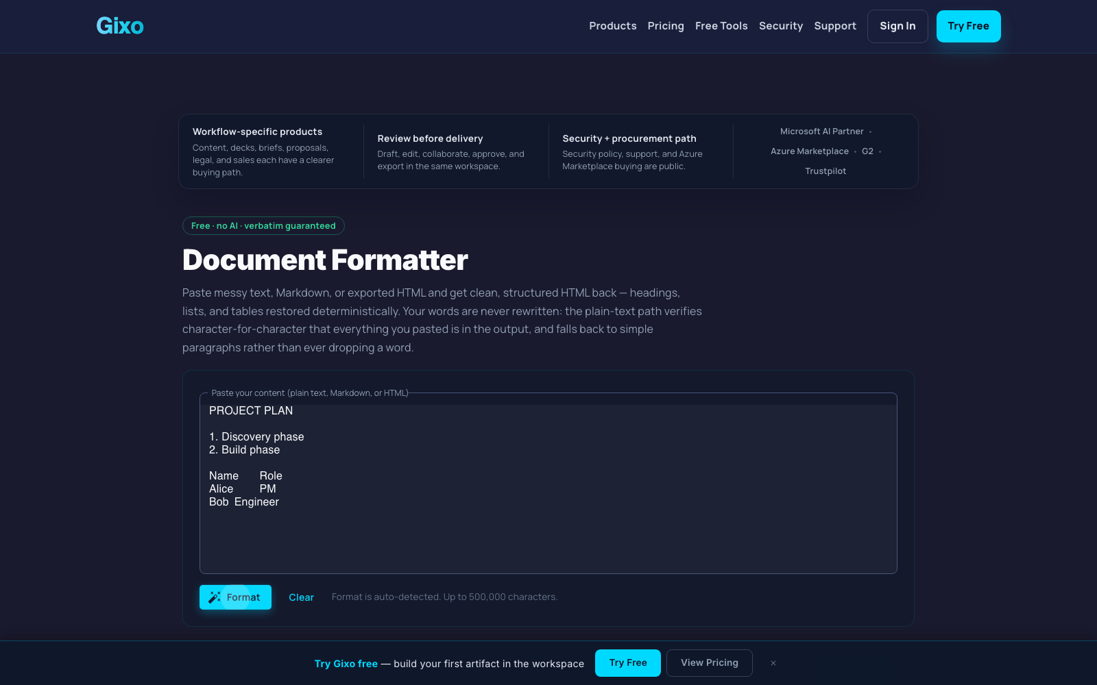 Formatted document output with restored headings and clean HTML
