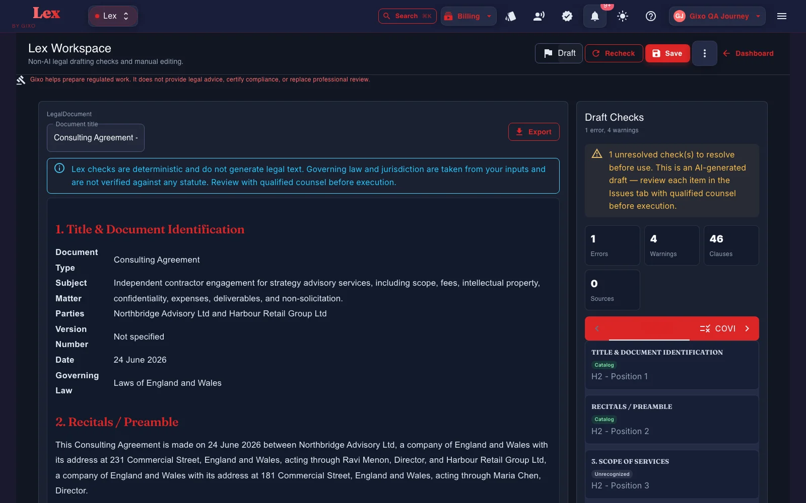 Gixo Lex workspace showing a real generated draft with the Draft Checks review panel